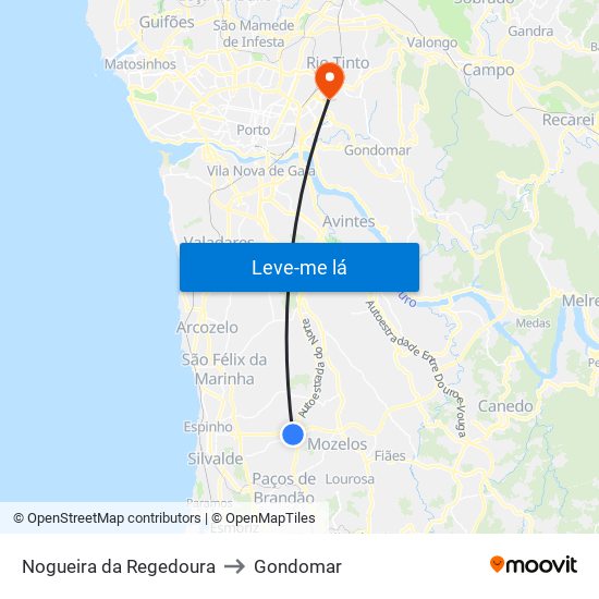 Nogueira da Regedoura to Gondomar map