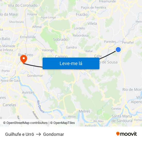 Guilhufe e Urrô to Gondomar map