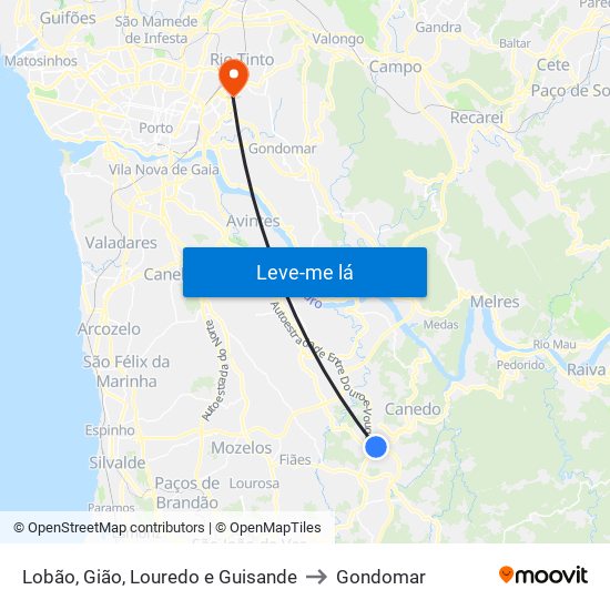 Lobão, Gião, Louredo e Guisande to Gondomar map