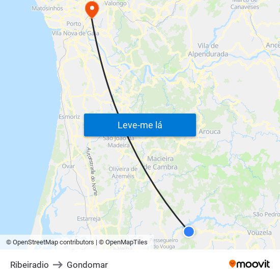 Ribeiradio to Gondomar map