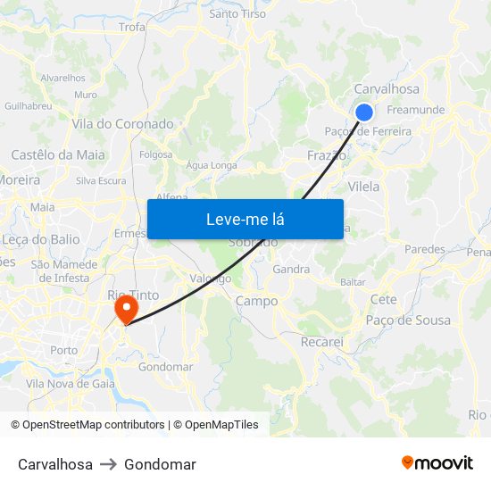 Carvalhosa to Gondomar map