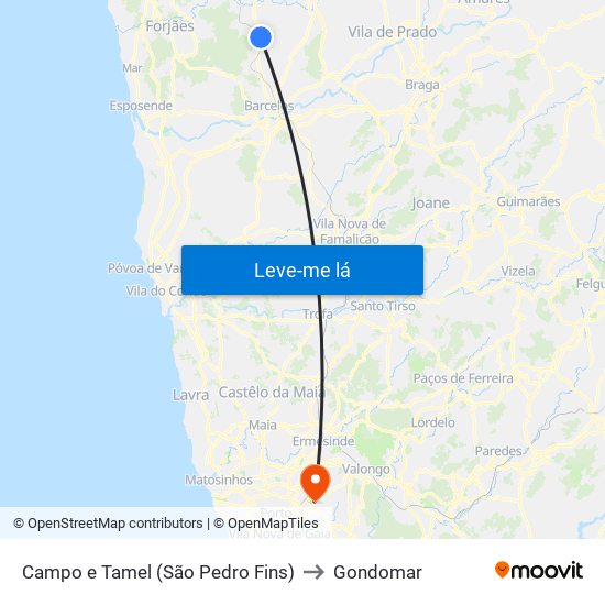 Campo e Tamel (São Pedro Fins) to Gondomar map