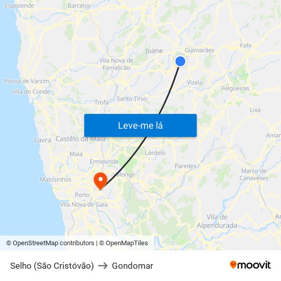 Selho (São Cristóvão) to Gondomar map