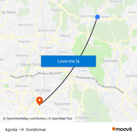 Agrela to Gondomar map