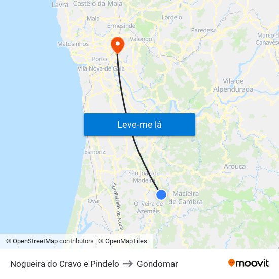 Nogueira do Cravo e Pindelo to Gondomar map