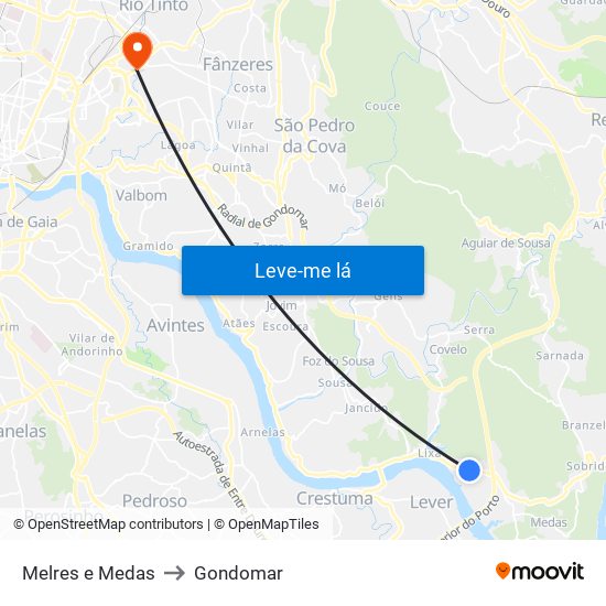 Melres e Medas to Gondomar map