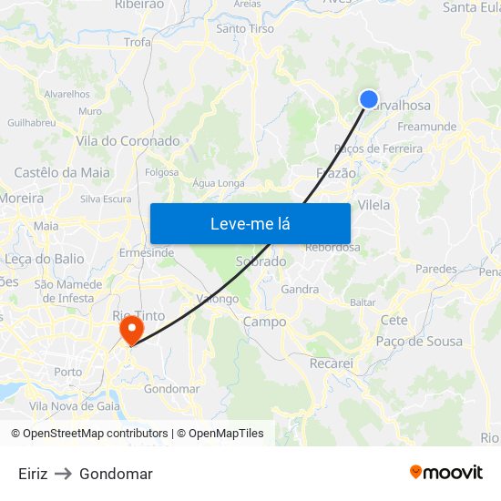 Eiriz to Gondomar map