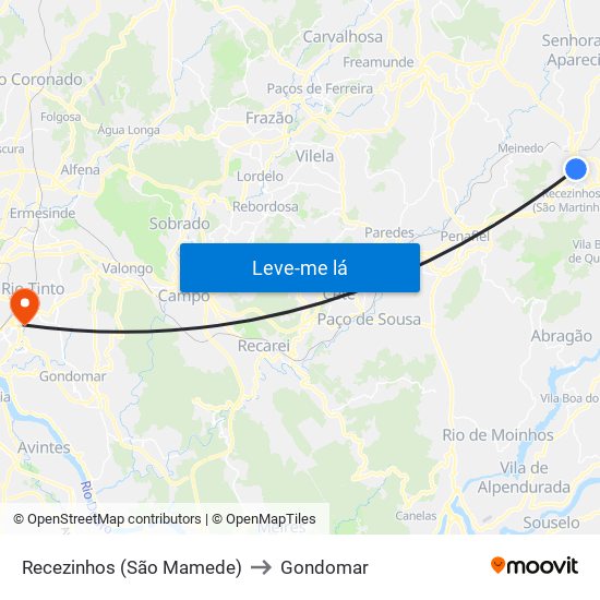 Recezinhos (São Mamede) to Gondomar map