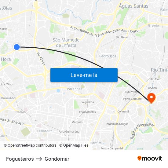 Fogueteiros to Gondomar map