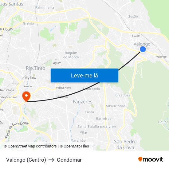 Valongo (Centro) to Gondomar map