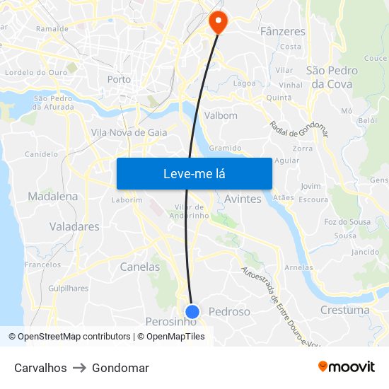 Carvalhos to Gondomar map