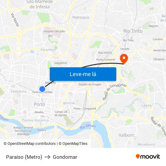 Paraíso (Metro) to Gondomar map
