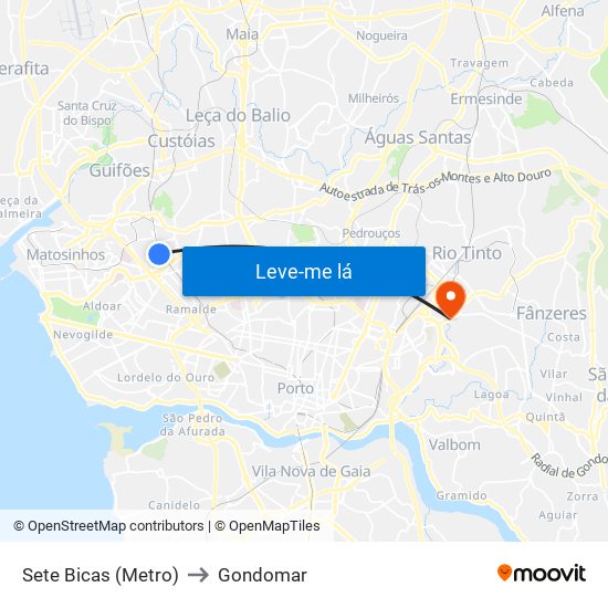 Sete Bicas (Metro) to Gondomar map