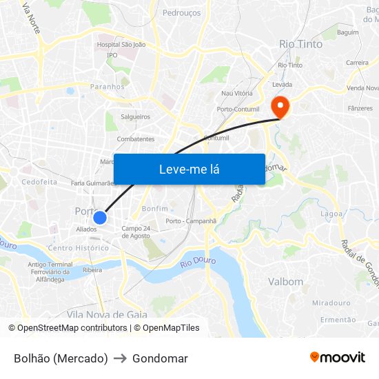 Bolhão (Mercado) to Gondomar map