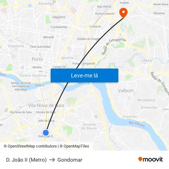 D. João II (Metro) to Gondomar map