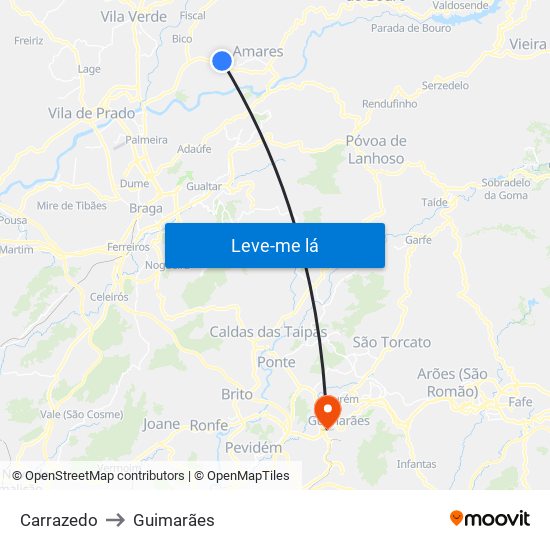 Carrazedo to Guimarães map