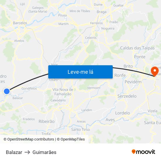 Balazar to Guimarães map