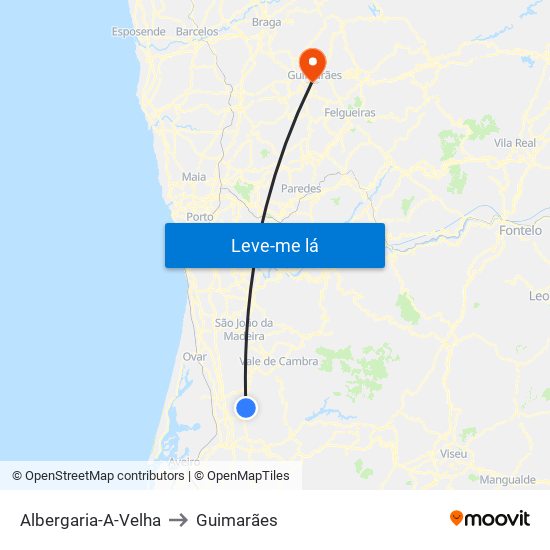 Albergaria-A-Velha to Guimarães map