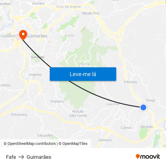 Fafe to Guimarães map