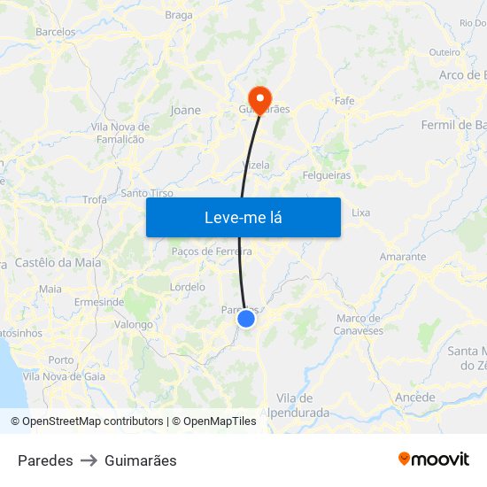 Paredes to Guimarães map