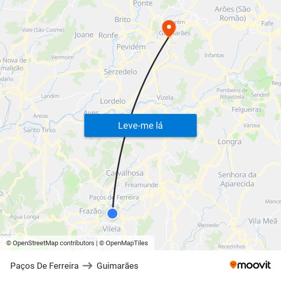 Paços De Ferreira to Guimarães map