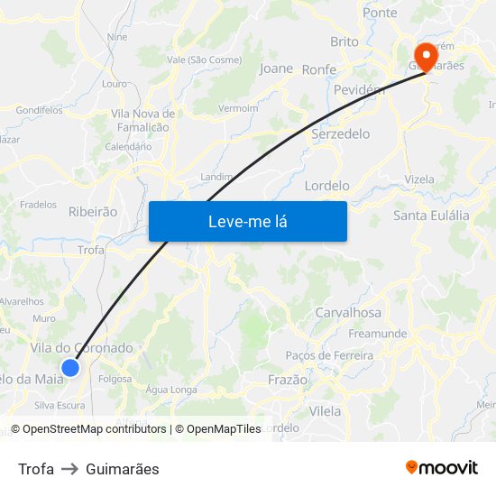 Trofa to Guimarães map