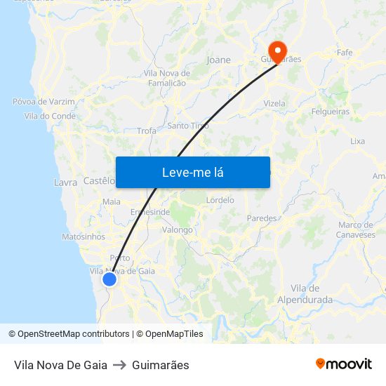 Vila Nova De Gaia to Guimarães map