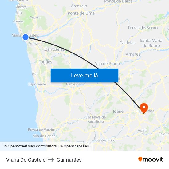 Viana Do Castelo to Guimarães map