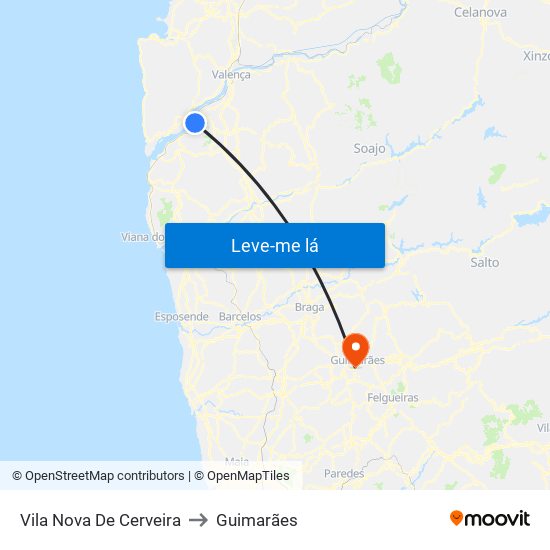 Vila Nova De Cerveira to Guimarães map