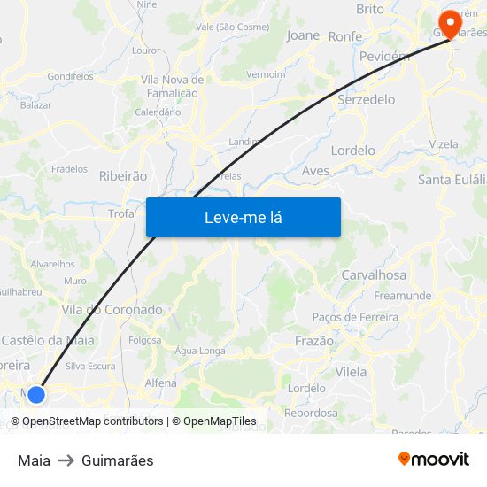 Maia to Guimarães map