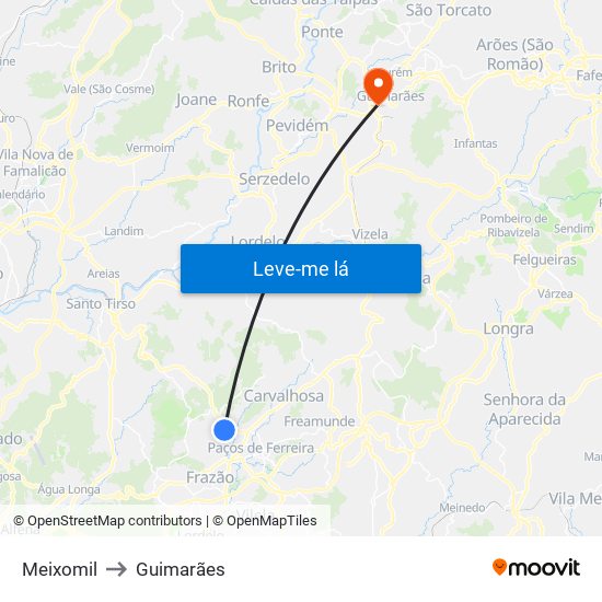 Meixomil to Guimarães map