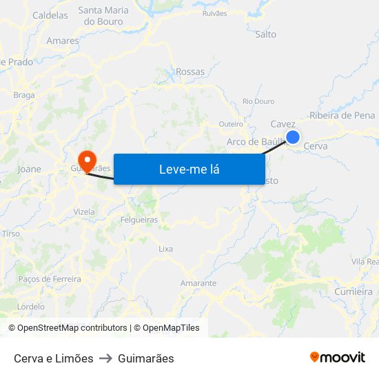 Cerva e Limões to Guimarães map