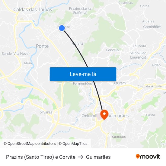 Prazins (Santo Tirso) e Corvite to Guimarães map