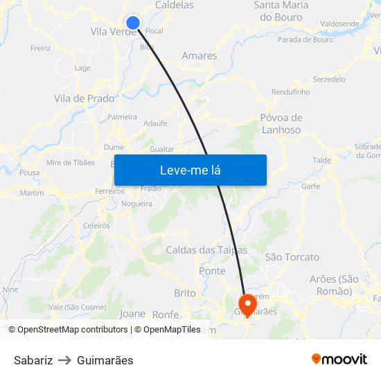 Sabariz to Guimarães map