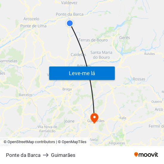 Ponte da Barca to Guimarães map