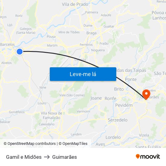 Gamil e Midões to Guimarães map