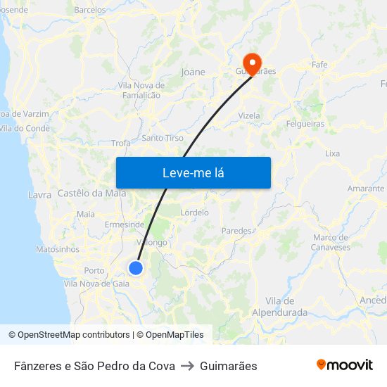 Fânzeres e São Pedro da Cova to Guimarães map