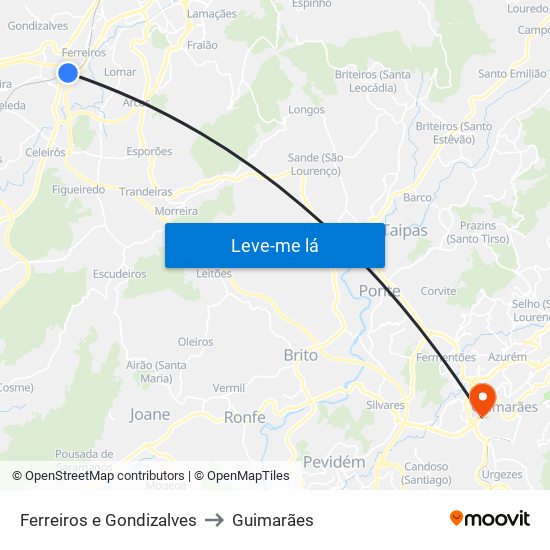 Ferreiros e Gondizalves to Guimarães map