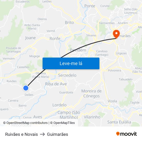 Ruivães e Novais to Guimarães map