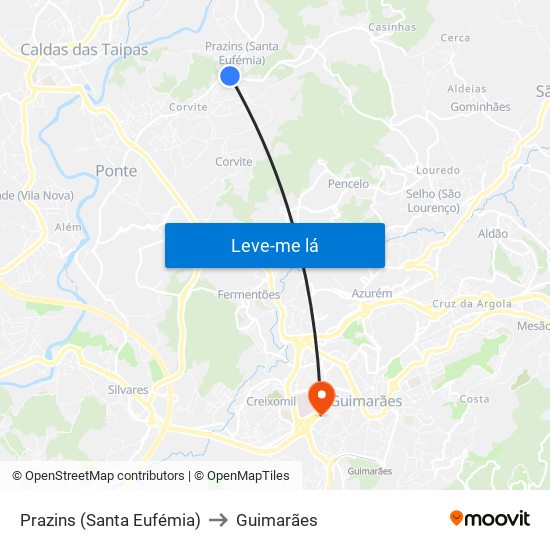 Prazins (Santa Eufémia) to Guimarães map