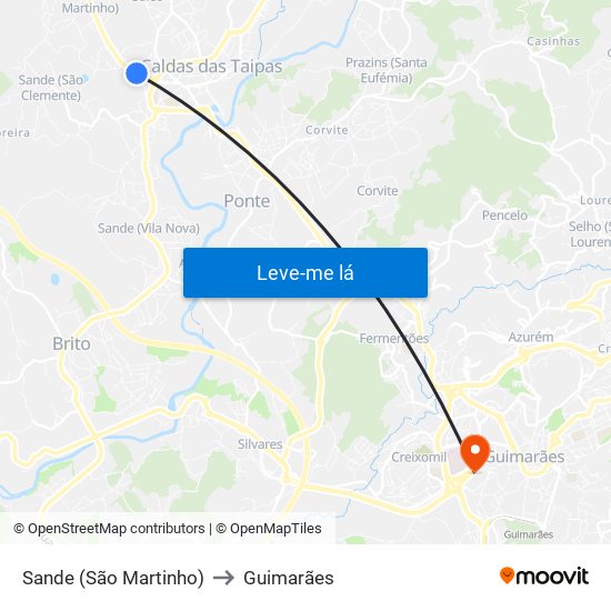 Sande (São Martinho) to Guimarães map