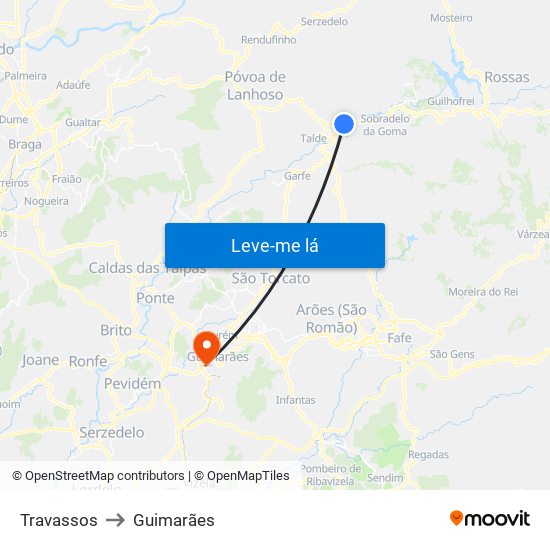 Travassos to Guimarães map