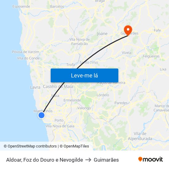 Aldoar, Foz do Douro e Nevogilde to Guimarães map