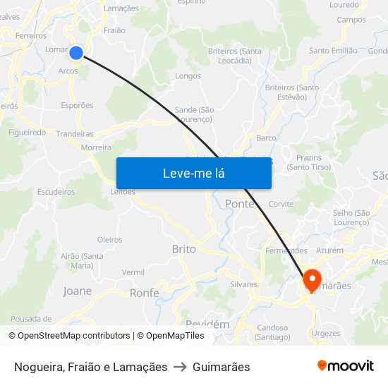 Nogueira, Fraião e Lamaçães to Guimarães map