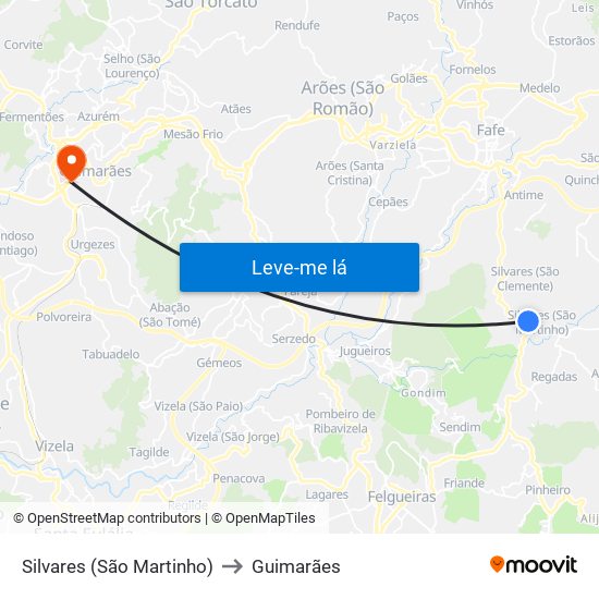 Silvares (São Martinho) to Guimarães map