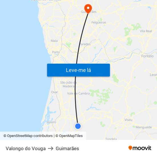 Valongo do Vouga to Guimarães map