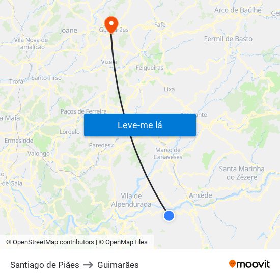 Santiago de Piães to Guimarães map