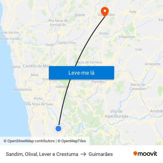 Sandim, Olival, Lever e Crestuma to Guimarães map