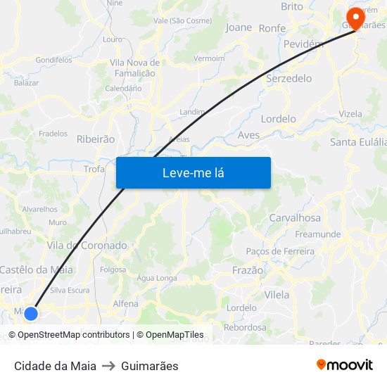 Cidade da Maia to Guimarães map