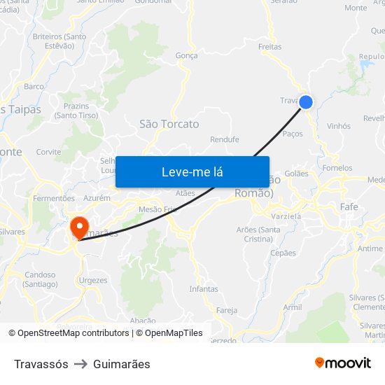 Travassós to Guimarães map